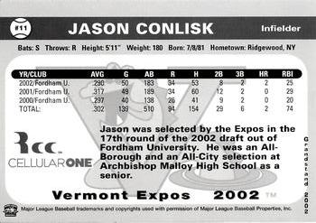 2002 Grandstand Vermont Expos #NNO Jason Conlisk Back
