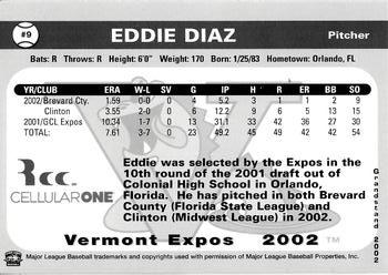 2002 Grandstand Vermont Expos #NNO Eddie Diaz Back