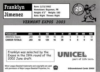 2003 Grandstand Vermont Expos #NNO Franklyn Jimenez Back