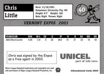 2003 Grandstand Vermont Expos #NNO Chris Little Back