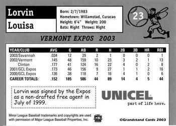 2003 Grandstand Vermont Expos #NNO Lorvin Louisa Back