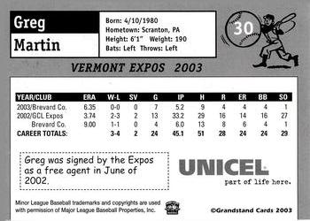 2003 Grandstand Vermont Expos #NNO Greg Martin Back