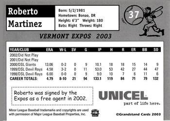 2003 Grandstand Vermont Expos #NNO Roberto Martinez Back