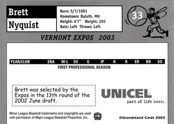 2003 Grandstand Vermont Expos #NNO Brett Nyquist Back
