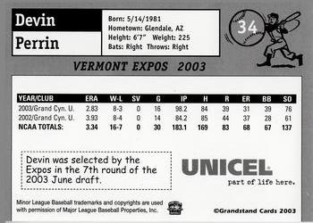 2003 Grandstand Vermont Expos #NNO Devin Perrin Back