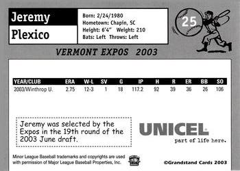 2003 Grandstand Vermont Expos #NNO Jeremy Plexico Back