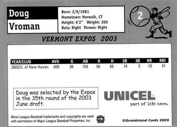 2003 Grandstand Vermont Expos #NNO Doug Vroman Back