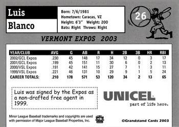 2003 Grandstand Vermont Expos #NNO Luis Blanco Back