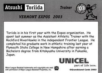 2003 Grandstand Vermont Expos #NNO Atsushi Toriida Back