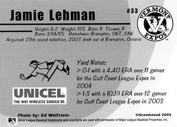 2005 Grandstand Vermont Expos #NNO Jamie Lehman Back