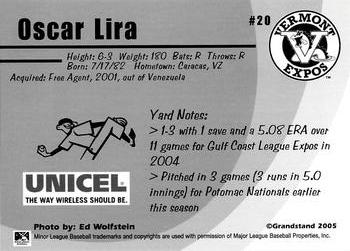 2005 Grandstand Vermont Expos #NNO Oscar Lira Back