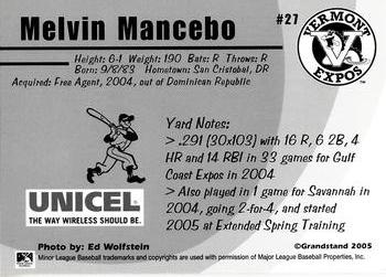 2005 Grandstand Vermont Expos #NNO Melvin Mancebo Back