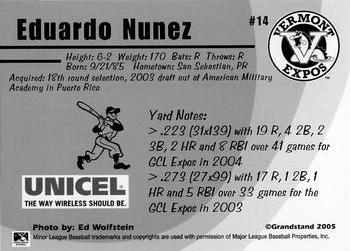 2005 Grandstand Vermont Expos #NNO Eduardo Nunez Back
