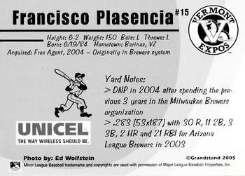 2005 Grandstand Vermont Expos #NNO Francisco Plasencia Back