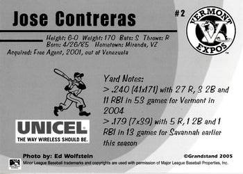 2005 Grandstand Vermont Expos #NNO Jose Contreras Back