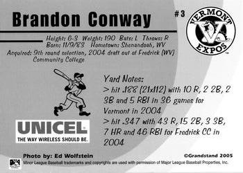 2005 Grandstand Vermont Expos #NNO Brandon Conway Back