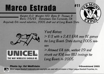 2005 Grandstand Vermont Expos #NNO Marco Estrada Back