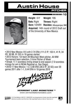 2012 Choice Vermont Lake Monsters #10 Austin House Back