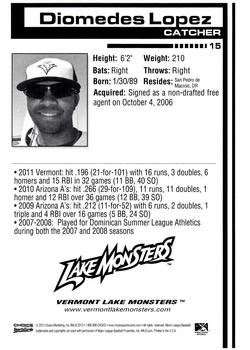 2012 Choice Vermont Lake Monsters #15 Diomedes Lopez Back