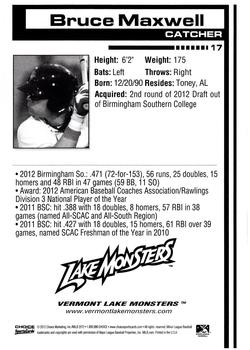 2012 Choice Vermont Lake Monsters #17 Bruce Maxwell Back