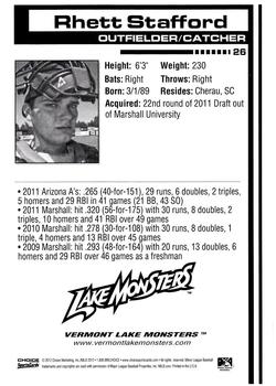 2012 Choice Vermont Lake Monsters #26 Rhett Stafford Back