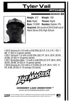 2012 Choice Vermont Lake Monsters #29 Tyler Vail Back