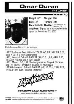 2012 Choice Vermont Lake Monsters #40 Omar Duran Back