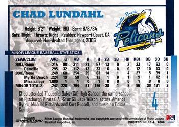 2009 Grandstand Myrtle Beach Pelicans #NNO Chad Lundahl Back