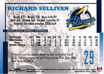 2009 Grandstand Myrtle Beach Pelicans #NNO Richard Sullivan Back