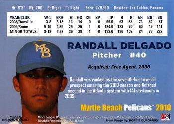 2010 Grandstand Myrtle Beach Pelicans #NNO Randall Delgado Back