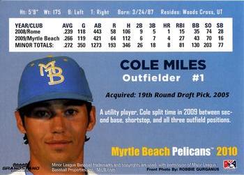 2010 Grandstand Myrtle Beach Pelicans #NNO Cole Miles Back