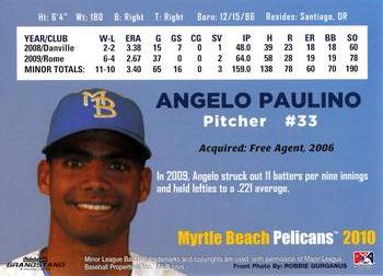 2010 Grandstand Myrtle Beach Pelicans #NNO Angelo Paulino Back