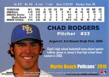 2010 Grandstand Myrtle Beach Pelicans #NNO Chad Rodgers Back