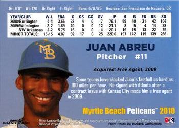 2010 Grandstand Myrtle Beach Pelicans #NNO Juan Abreu Back