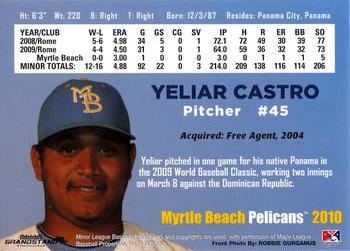 2010 Grandstand Myrtle Beach Pelicans #NNO Yeliar Castro Back