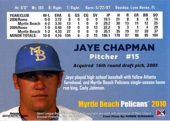 2010 Grandstand Myrtle Beach Pelicans #NNO Jaye Chapman Back