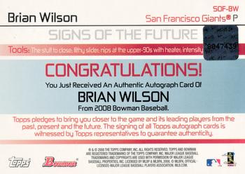 2008 Bowman - Signs of the Future #SOF-BW Brian Wilson Back