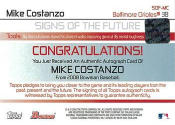2008 Bowman - Signs of the Future #SOF-MC Mike Costanzo Back