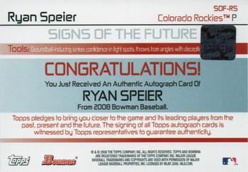2008 Bowman - Signs of the Future #SOF-RS Ryan Speier Back
