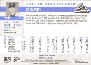 2012 MultiAd Verizon Trenton Thunder #16 Ryan Pope Back