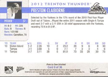 2012 MultiAd Verizon Trenton Thunder #8 Preston Claiborne Back