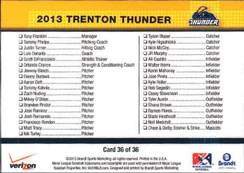 2013 Brandt Verizon Trenton Thunder #36 Checklist Back