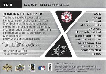 2008 SPx - Rookie Signatures Silver #105 Clay Buchholz Back