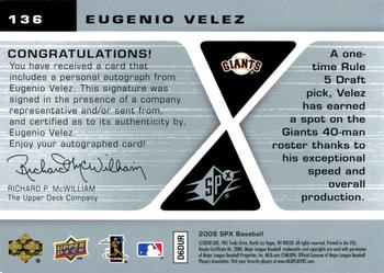 2008 SPx - Rookie Signatures Silver #136 Eugenio Velez Back