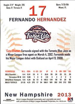 2013 Grandstand New Hampshire Fisher Cats #10 Fernando Hernandez Back