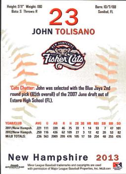 2013 Grandstand New Hampshire Fisher Cats #28 John Tolisano Back