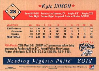 2013 Grandstand Reading Fightin Phils #NNO Kyle Simon Back