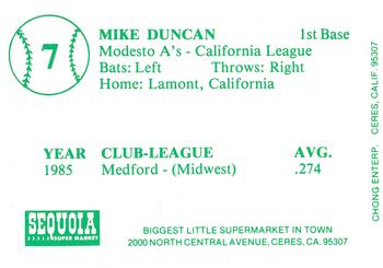 1986 Chong Modesto A's #7 Mike Duncan Back