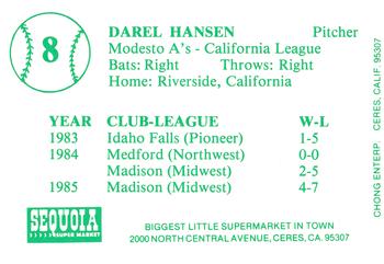 1986 Chong Modesto A's #8 Darel Hansen Back
