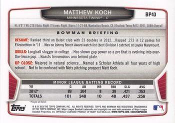 2013 Bowman - Prospects Hometown #BP43 Matthew Koch Back